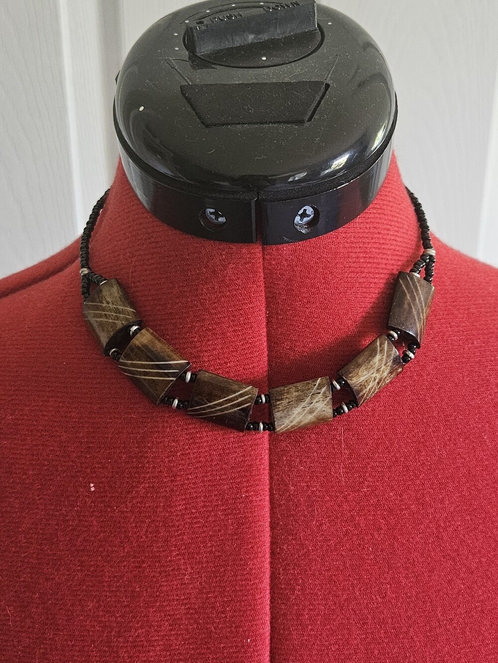 Handcrafted Brown Etched Bone Bead Choker Necklace - Handmade